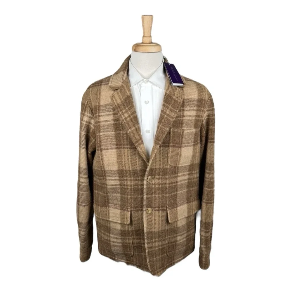 Ralph Lauren Purple Label Brown Check Shetland Wool Suede Trim Blazer 38R NWT